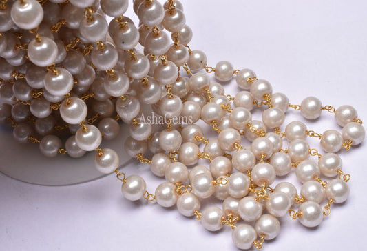 3,5,10,25 Ft,Pearl Hydro Rondelle Beaded Rosary Chain,Gold,Rose Gold Plated,Jewelry Making Chain,Finding,Beautiful Wire Wrapped Chain, 8 mm