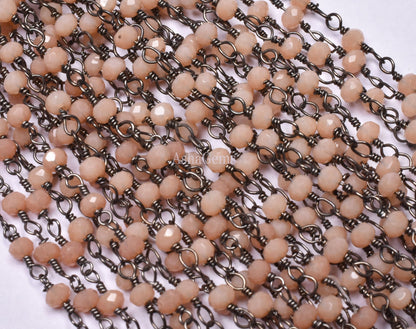 3,5,10,25 Foot,Peach Moonstone Hydro Rondelle Faceted Beaded Rosary Chain Black Metal Plated Wire,Jewelry Making,Finding,3-3.5mm,Bulk Chain