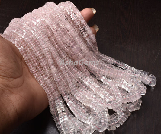 Natural Rose Quartz Smooth Heishi Tyre Gemstone Beads, Fine Quality Pink Rose Quartz, Heishi Tyre, 16" Strand Rose Pink Wheel Gemstone Beads