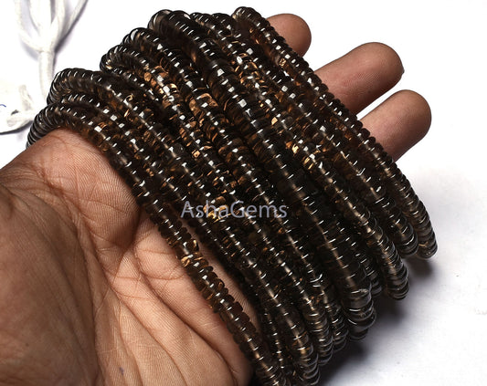 16" Strand Natural Smoky Quartz Smooth Heishi Tyre Shape Gemstone Beads, Fine Smoky Tyre Beads Plain Loose Beads For Jewelry Making Crafts