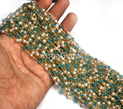 Beautiful White Pearl, Blue Topaz Hydro Beads Rosary Chain Gold Plated Wire Wrap Rondelle Beaded Chain 3 mm Jewelry Making handicraft Chain