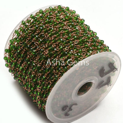Rosary Chain, Green Chrome Diopside Hydro Faceted Beads Chain Rose Gold Plated Copper wire wrap rondelle Micro cut Beads Handmade Chain SALE
