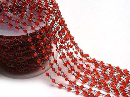 3-3.5 mm Red Quartz Hydro Jewelry Crafts Rosary Chain 1-50 Feet Red Quartz Faceted Rondelle Bead Chain Black Metal Wire Plated Finding Chain