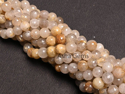 Beautiful Golden Rutile Faceted Round Shape Gemstone Beads, Natural Golden Rutile Indian Cut Round Ball Rutile Beads Jewelry handicraft SALE