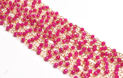 AAA Pink Chalcedony Hydro Faceted Beads Rosary Chain Gold Plated Wire Wrapped Rondelle Micro Cut Beaded handmade Chain Necklace making Craft