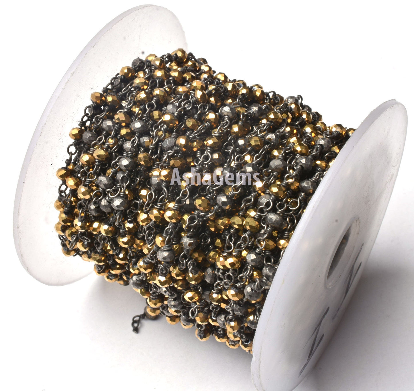 SALE 3,5,10,25 Ft Golden Pyrite Hydro Faceted Rondelle Beaded Rosary Chain Black Plated Wire Jewelry Making Finding, Wire Wrapped Chain 3 mm
