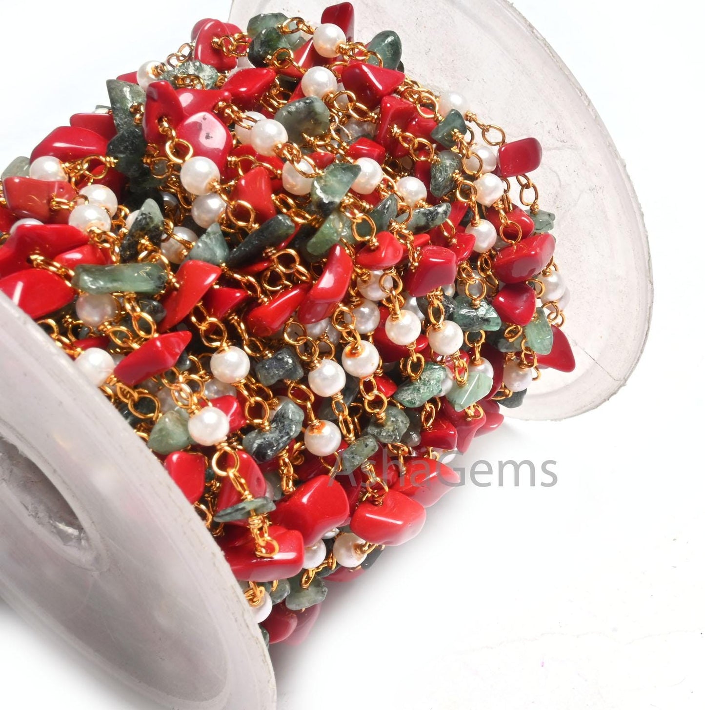 Beautiful Pearl Hydro, Red Stone, Emerald Uncut Chip Beads Rosary Chain, Gold, Silver Plated Multi Color Beaded Chains Jewelry Making Crafts