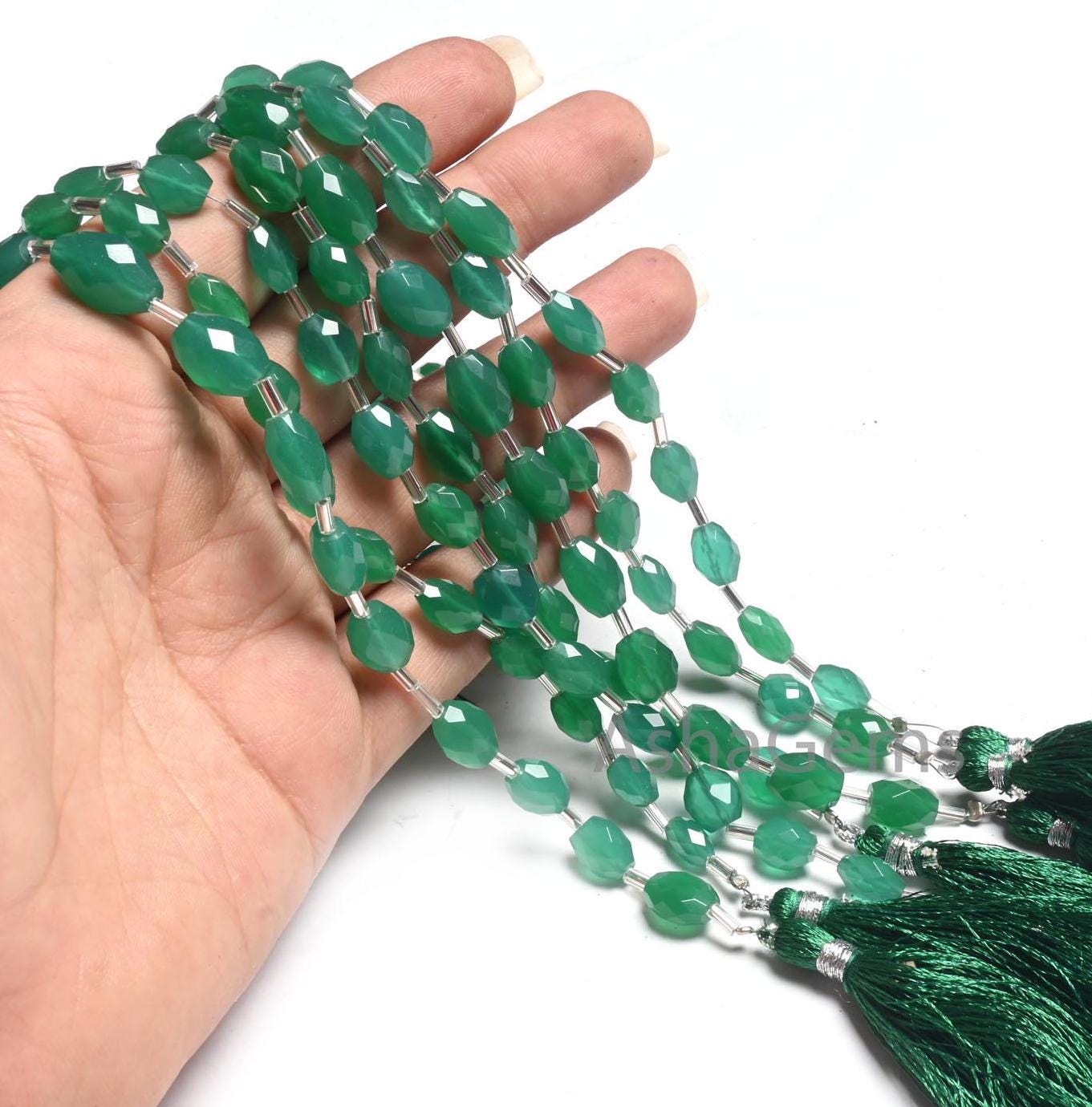 Beautiful Green Onyx Fancy Puff Oval faceted Gemstone Loose Beads110" Green Onyx Indian Cut Oval Briolette Handmade Onyx Beads Jewelry Craft