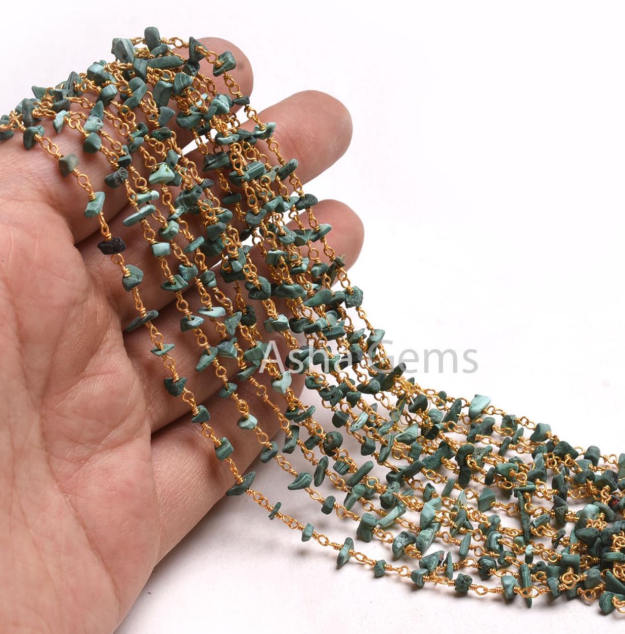 Natural Green Malachite Uncut Chip Beads Rosary Chain Silver, Gold Plated Wire Wrap Beaded Gemstone handmade chain Rosary Jewelry Craft SALE