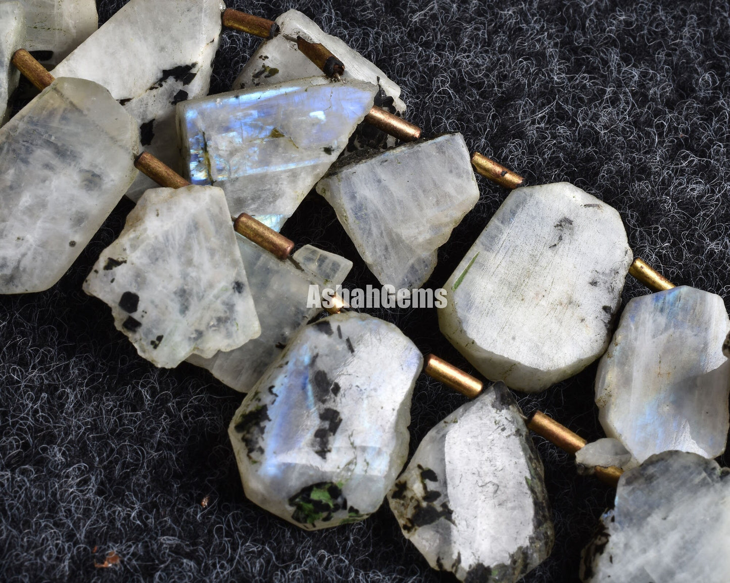 Natural Moos Rainbow Moonstone Slice Rough beads,13" Blue Fire Rainbow Raw Uneven Shape Beads, Black Dot Rainbow Moonstone Flat Slice beads
