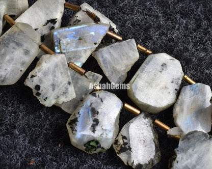Natural Moos Rainbow Moonstone Slice Rough beads,13" Blue Fire Rainbow Raw Uneven Shape Beads, Black Dot Rainbow Moonstone Flat Slice beads