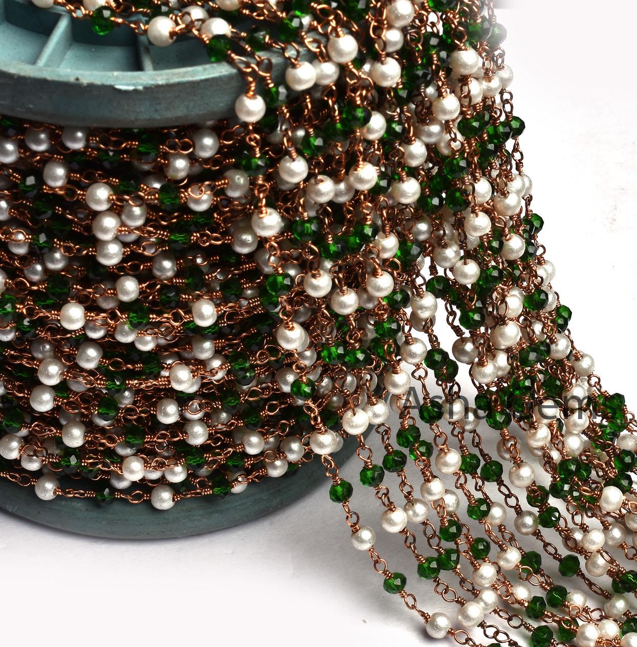 Chain White Pearl Chrome Diopside Hydro Beads Rosary Chain, Rose Gold Plated Wire Wrapped Jewelry Necklace making Chain 3 mm Handmade Chain