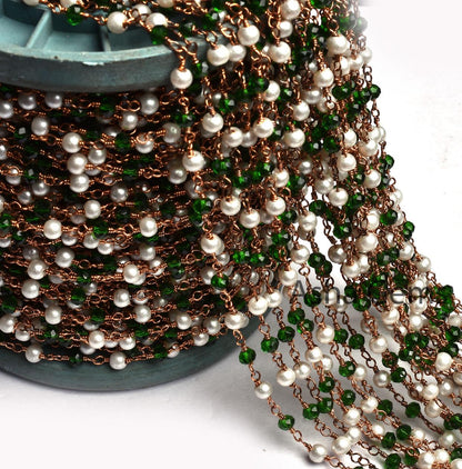 Chain White Pearl Chrome Diopside Hydro Beads Rosary Chain, Rose Gold Plated Wire Wrapped Jewelry Necklace making Chain 3 mm Handmade Chain