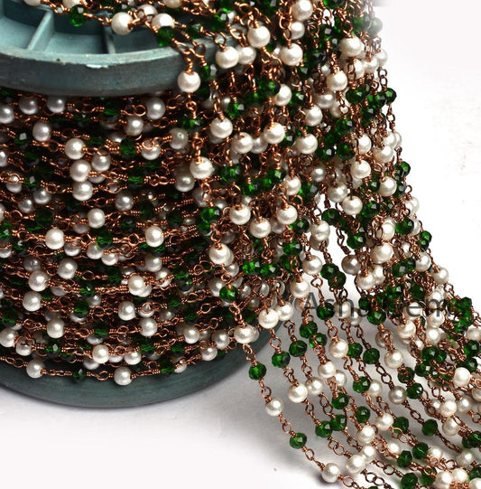 Chain White Pearl Chrome Diopside Hydro Beads Rosary Chain, Rose Gold Plated Wire Wrapped Jewelry Necklace making Chain 3 mm Handmade Chain