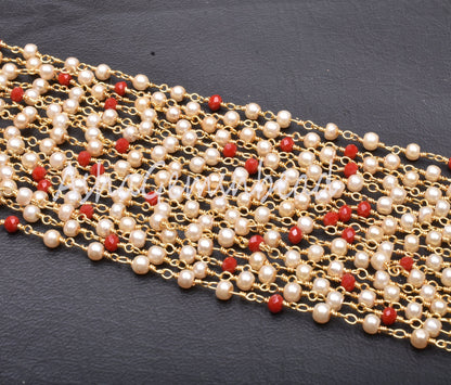 3,10,50 Feet Chain Pearl Red Ruby Hydro Beads Rosary Chain Gold Plated Wire Bulk Roll Chain Finding Multi Color Beaded Chains jewelry Crafts