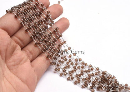 Smoky Quartz Hydro Beads Rosary Chain,3,5,10 Foot,  Rosary Beaded Chain, Silver Plated Metal,Bulk Roll,Jewelry Making,Finding Chain