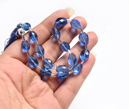 AAA Indigo Blue Color Hydro fancy Puff Oval Checker Cut Beads,10" Translucent Blue Hydro faceted Oval Briolette handmade Beads Jewelry Craft