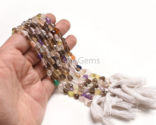 Beautiful Multi Color Stone Faceted Drop Shape Beads,8" Strand Natural Mix Gemstone Straight Drill Teardrop Beads, Disco Beads Jewelry SALE