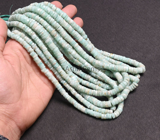 Beautiful Blue Amazonite Faceted Heishi Tyre Flat Gemstone Beads, natural Amazonite Indian Cut Wheel Shape Amazonite Bead Jewelry Craft SALE