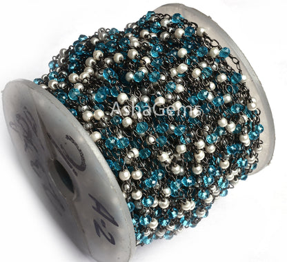 White Pearl, Blue Topaz Hydro Beads Rosary Chain Black Plated Wire Wrap Chain Faceted Rondelle Beaded Chain Jewelry Making Finding Chain DIY