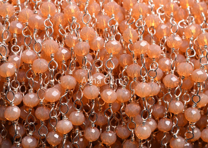 4 mm Peach Moonstone Hydro Faceted Rondelle Beads Rosary Chain By Foot Bulk Silver Plated Wire Wrapped Jewelry Necklace Making Crafts Chain