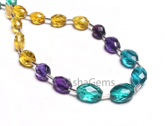Beautiful Multi Color Quartz Hydro fancy Oval Shape Checker Cut Beads,11" Mix Yellow Green Purple Hydro Oval Briolette Faceted Beads Jewelry