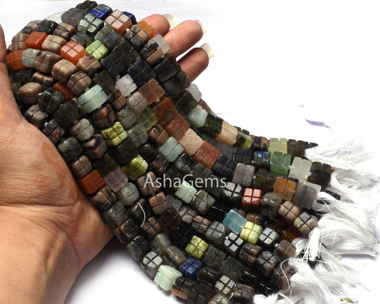 Multi Color Gemstone Carving box Shape beads,9" Strand Mix Color Stone carved 3D Cube beads Disco Beads, Multi Disco carve Bead Jewelry SALE