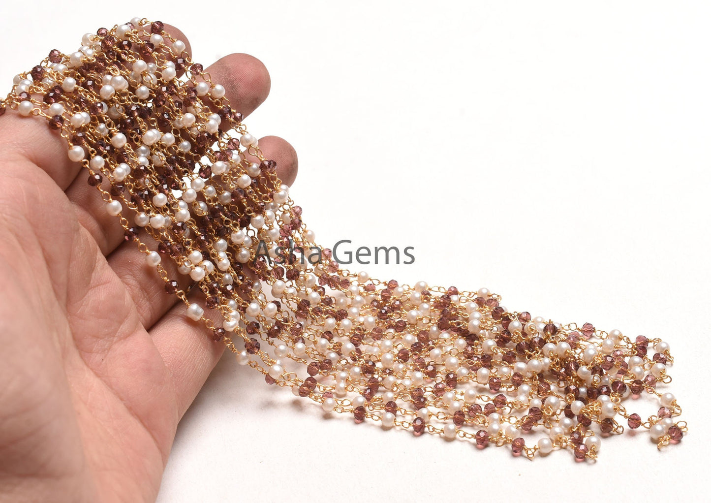 Rosary Chain by Foot Pearl Garnet Hydro Faceted Beads Chain Gold Plated Wire Bulk Roll Jewelry Making Rondelle Beaded Rosary Chain Craft DIY