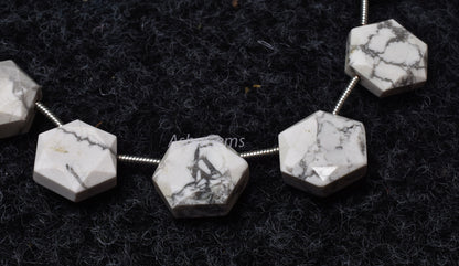 13 Piece strand  Howlite Faceted Hexagon Shape Gemstone beads, White Howlite Fancy 6 Corner Beads, Howlite Bead Briolette For Jewelry Making