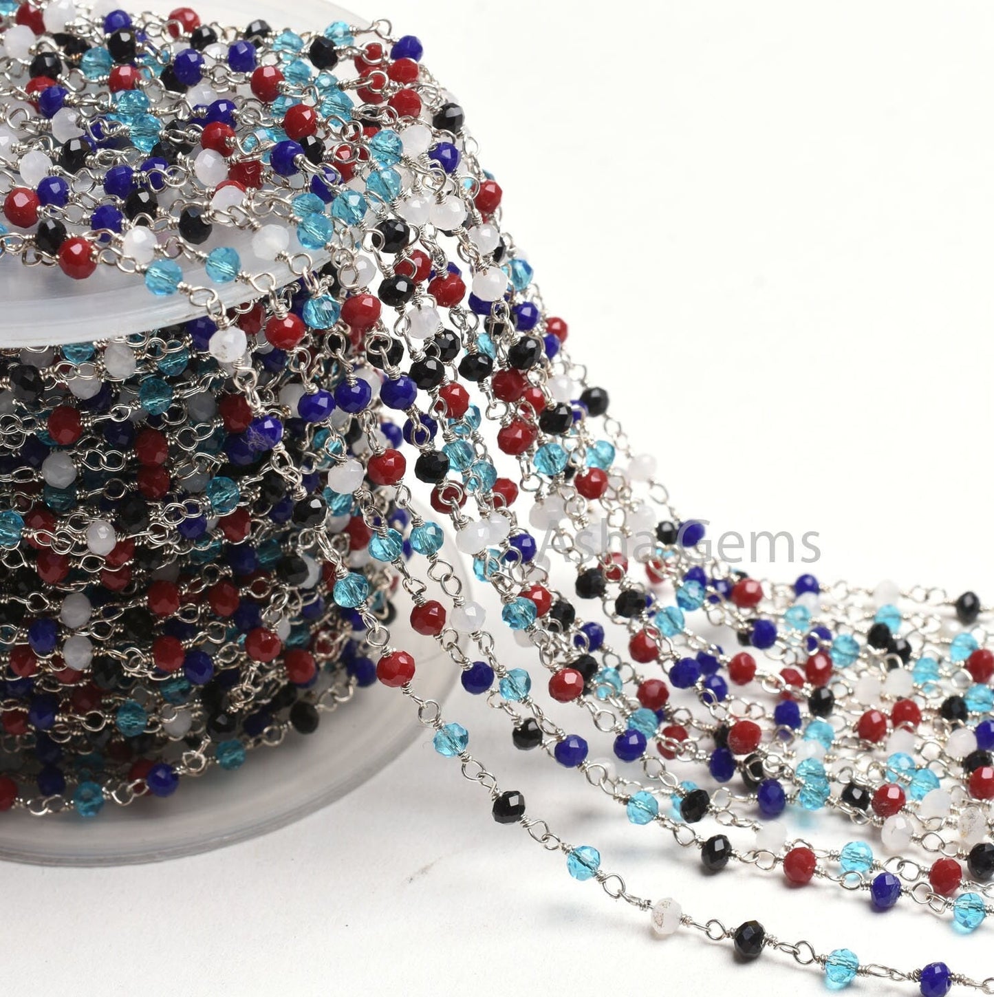 1-50 Feet Multi Color Beads Rosary Chain, Silver Plated Wire Wrap Hydro Disco faceted Rondelle Beaded handmade Chain Jewelry making Necklace