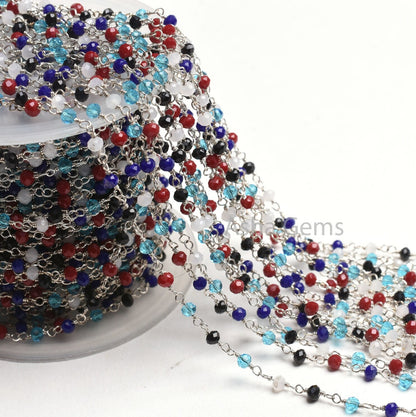 1-50 Feet Multi Color Beads Rosary Chain, Silver Plated Wire Wrap Hydro Disco faceted Rondelle Beaded handmade Chain Jewelry making Necklace