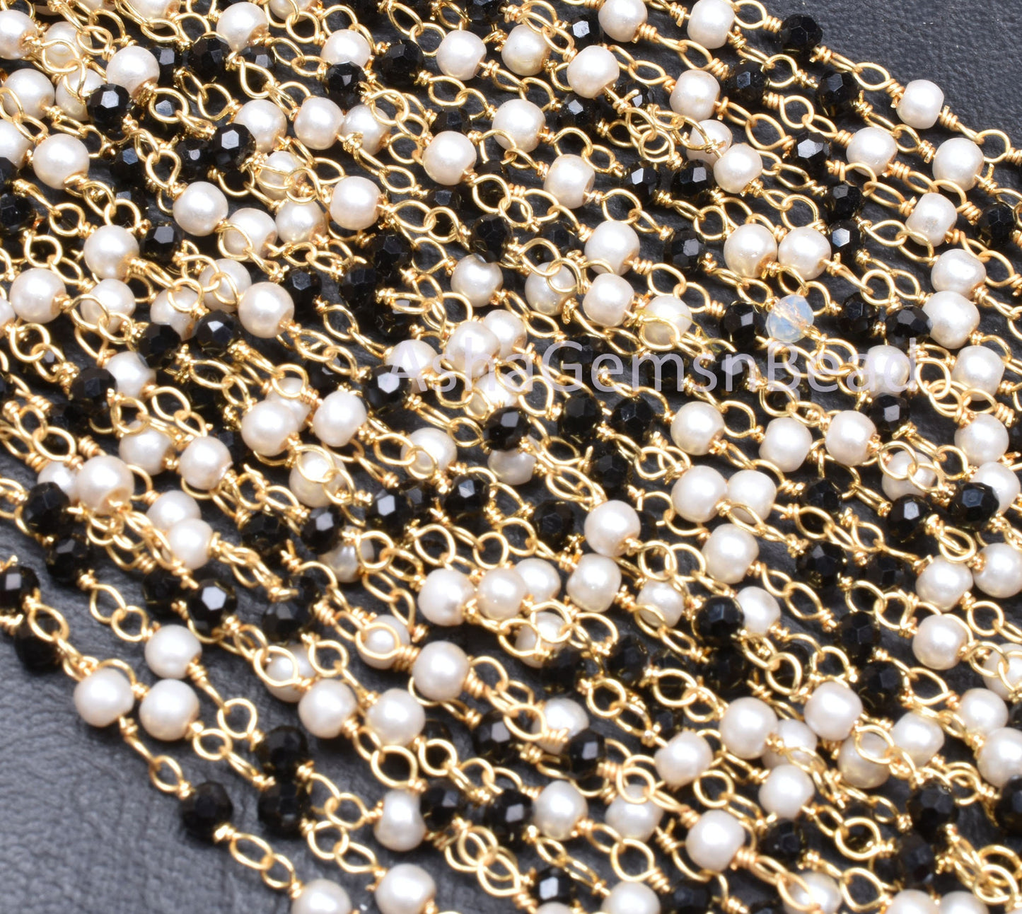 1,5,10,25 feet Beautiful Pearl, Black Spinel Hydro Beads Rosary Chain, Spinel Pearl Hydro Rondelle Beaded Chain, Gold Plated Wire Bulk Roll