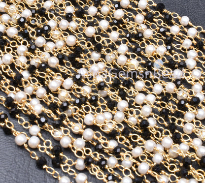 1,5,10,25 feet Beautiful Pearl, Black Spinel Hydro Beads Rosary Chain, Spinel Pearl Hydro Rondelle Beaded Chain, Gold Plated Wire Bulk Roll