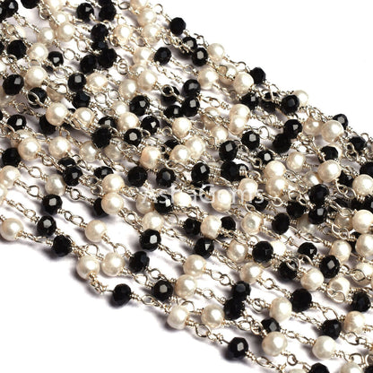 3,5,10,25,50 Feet Pearl Black Onyx Hydro Beads Rosary Chain Silver Plated Chain Faceted Rondelle Beads Rosary Chain Jewelry Making Chain DIY