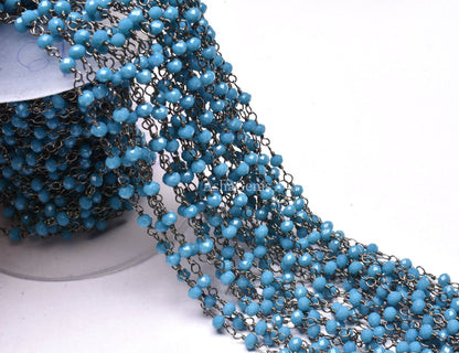 Chain Beautiful Blue Turquoise Hydro Rondelle Faceted Beads Rosary Chain,3 mm Black Plated Gunmetal Wire Jewelry Making Bulk Roll Chain Bead