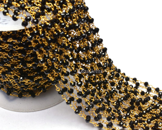 3,5,10,25,50 Feet Roll Bulk, Gold Plated Wire,Faceted Rondelle, Black Spinel Hydro Rosary Chain, Jewelry Making Chain,Finding, Wire Wrapped