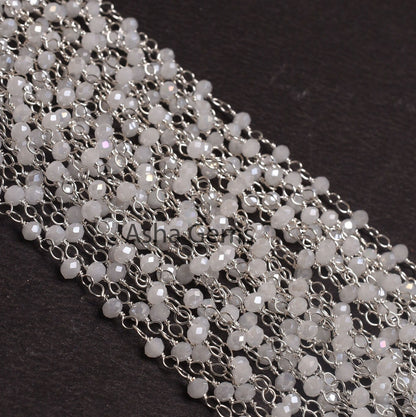 Beautiful White Moonstone Coated Hydro Beads Rosary Chain 1,5,10,50Ft Silver Plated, Wire Wrap Chain, Jewelry Making Beads Rosary Chain SALE