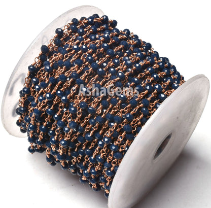 1,3,5,10,25 Feet Blue Sapphire Hydro Faceted Rondelle Beaded Rosary Chain,Rose Gold Metal Wire,Jewelry Making Finding,Chain 3-3.5mm SALE