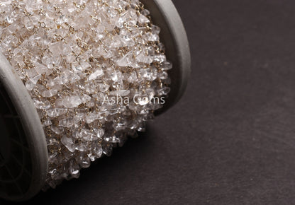 3,5,10,25,Ft Natural Crystal Uncut Chip Beads Rosary Chain Gemstone Bead Chain,Clear Crystal Smooth Nugget Beaded Chain,Silver Plated Wire