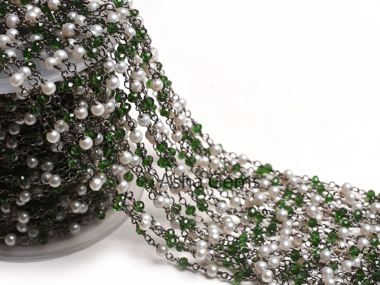 Beautiful Pearl, Chrome Green Hydro Beads Rosary Chain,3 mm Black Plated Gunmetal Wire Wrap Faceted Rondelle Beads Chain Jewelry Making SALE