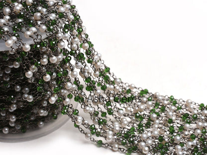 Beautiful Pearl, Chrome Green Hydro Beads Rosary Chain,3 mm Black Plated Gunmetal Wire Wrap Faceted Rondelle Beads Chain Jewelry Making SALE