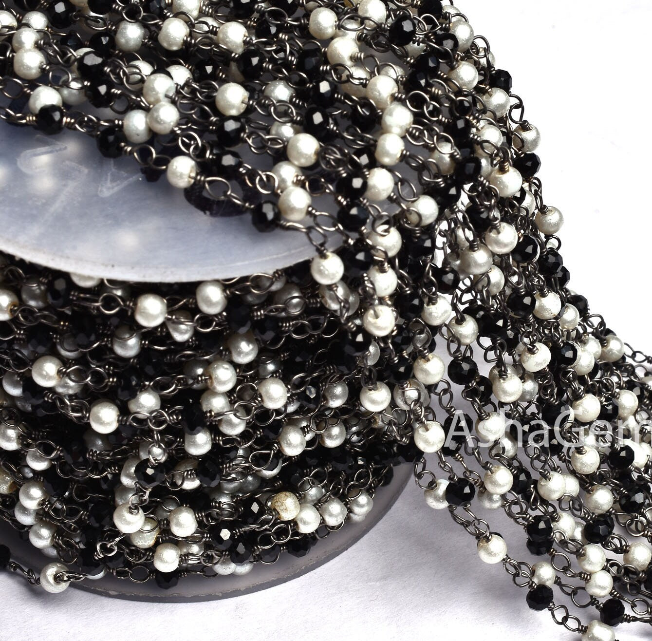 1,5,10,25 feet Beautiful Pearl, Black Spinel Hydro Beads Rosary Chain, Black Metal Plated Multi Color Rondelle Beaded Gunmetal Chain Jewelry
