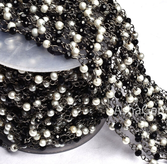1,5,10,25 feet Beautiful Pearl, Black Spinel Hydro Beads Rosary Chain, Black Metal Plated Multi Color Rondelle Beaded Gunmetal Chain Jewelry