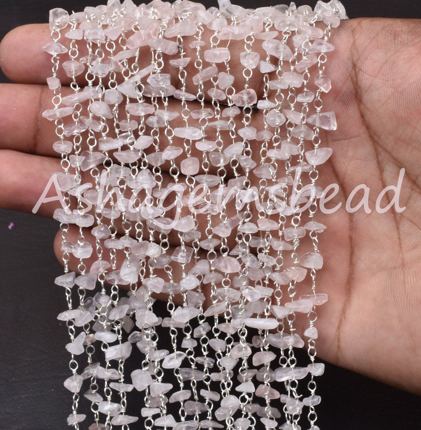 3,5,10 Feet Natural Rose Quartz Uncut Uncut Rosary Chain, Pink rose Quartz Smooth Beads Chain, Silver Plated Chain, Finding, Wholesale Chain