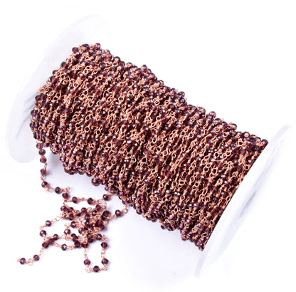 SALE 3,5,10,25 Ft Rhodolite Garnet Hydro Faceted Rondelle Beaded Rosary Chain Rose Gold Plated Wire,Jewelry Making Finding, Chain 3-3.5mm
