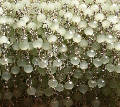 1,3,10,50 Feet Bulk Roll, Green Prehnite Hydro Faceted Beads Rosary Chain 3.5mm Silver Plated Wire wrapped Beaded Chain Rosary Jewelry Craft