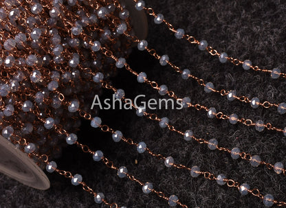Beautiful Rainbow Moonstone Hydro Silver Coated Faceted Beads Rosary Chain By Feet,3mm Copper Plated Wire Wrap Bulk Chain For Jewelry Making