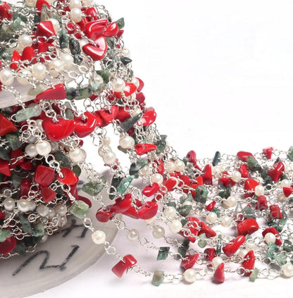 Beautiful Pearl Hydro, Red Stone, Emerald Uncut Chip Beads Rosary Chain, Gold, Silver Plated Multi Color Beaded Chains Jewelry Making Crafts