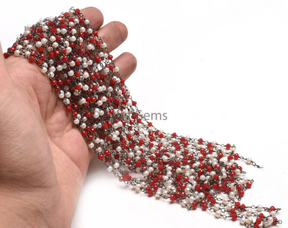 Beautiful Pearl Red Ruby Hydro Beads Rosary Chain,3mm Black Plated Gunmetal Wire Wrap Handmade Beaded Chain For Necklace Making Jewelry SALE