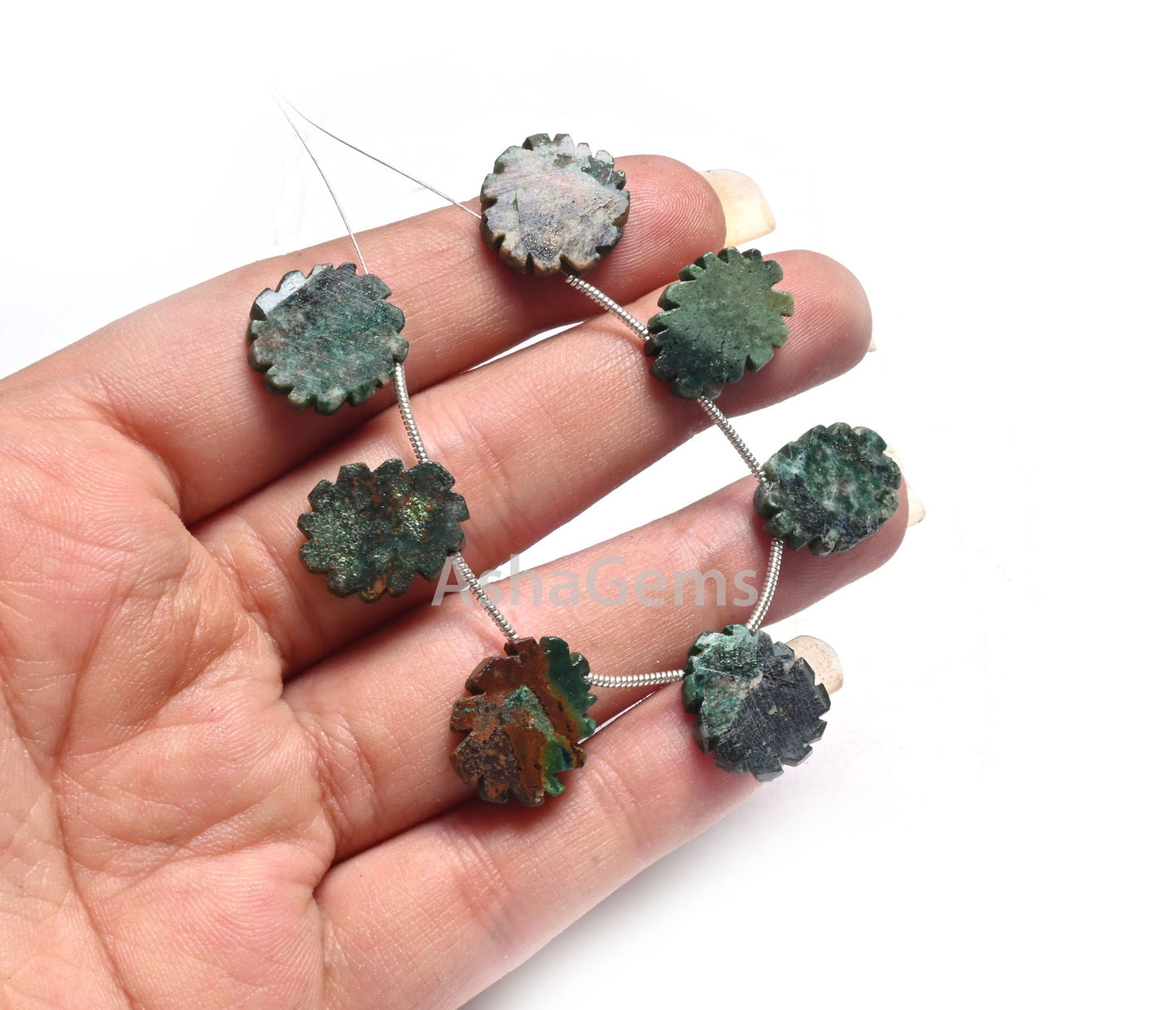 Natural Green Agate Jasper Flat Rough Slice Carving Handmade Beads, Jasper Uneven Raw Polish Gemstone Carve Side Drill Beads Jewelry Crafts